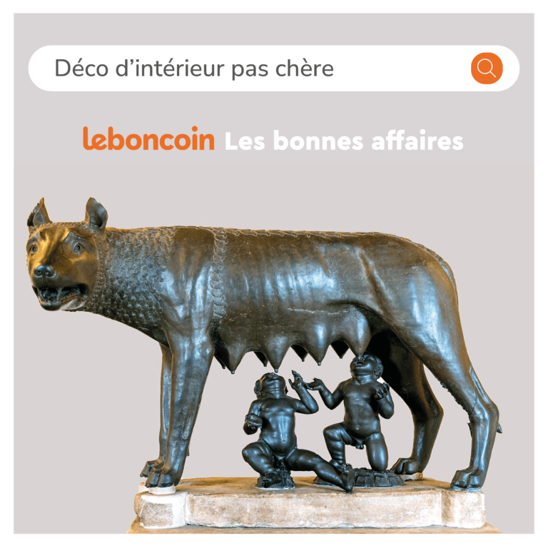 Post Instagram où l'on peut voir la Louve capitoline, nourrissant Romulus et Rémus. Au-dessus, une barre de recherche indique "Déco d'intérieur pas chère". En-dessous, on peut voir le logo leboncoin.com suivi du slogan "Les bonnes affaires"