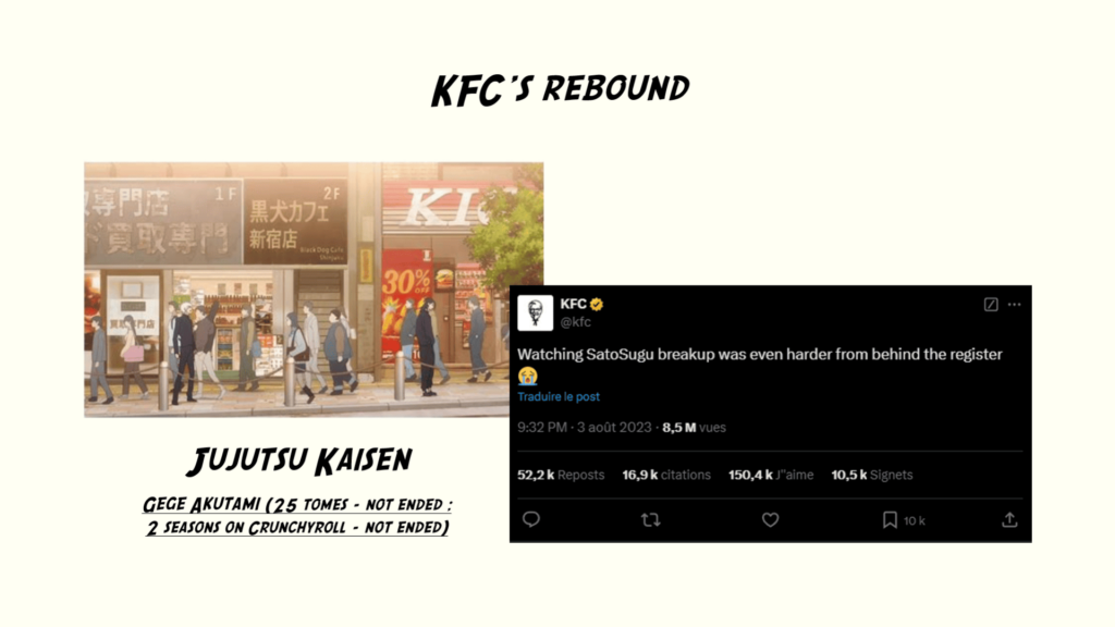 KFC's rebounce on an episode of Jujutsu Kaisen (Gege Akutami, 25 tomes, 2 seasons on Crunchyroll - not ended) : Tweet : "Watching SatoSugu breakup was even harder from behind the register 😭"