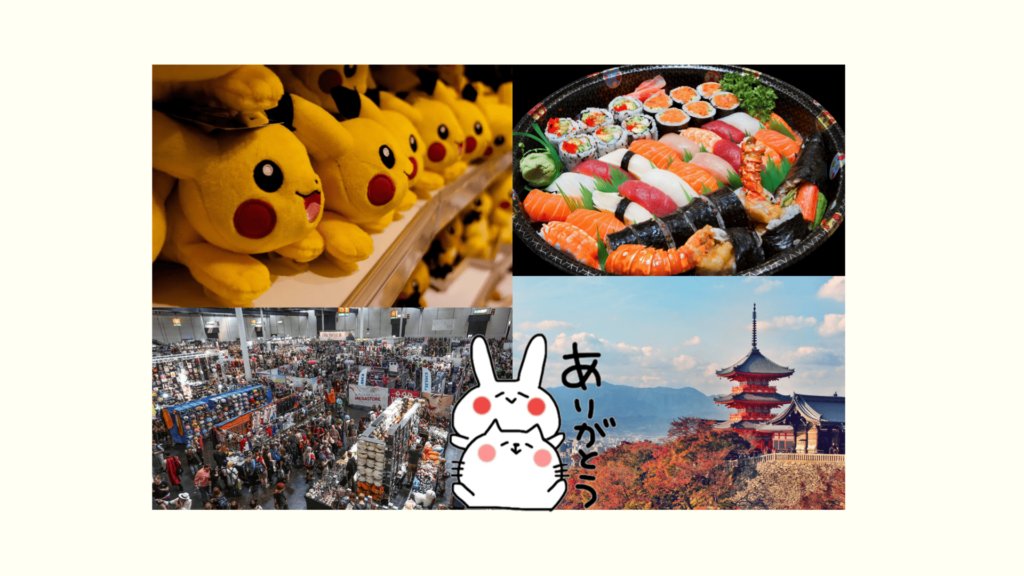 Différentes images représentant des éléments de la culture japonaise qui s'exporte dans le monde entier : - des peluches Pikachu (merchandising) - des sushis (nourriture) - une convention manga (évènements) - un lapin et un chat dessinés disant "Arigatoo", merci (intérêt pour la langue) - un paysage (intérêt pour le Japon en général)