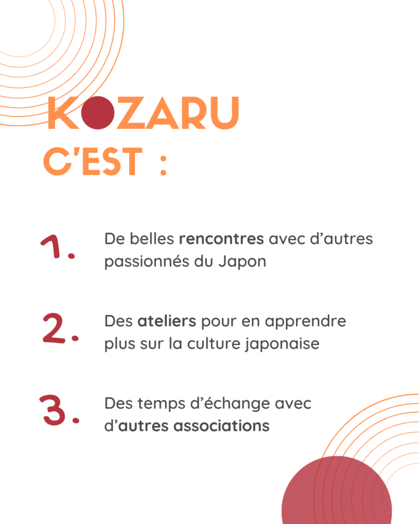 Kozaru c'est : 1. De belles recontres avec d'autres passionnés du Japon 2. Des ateliers pour en apprendre plus sur la culture japonaise 3. Des temps d'échange avec d'autres associations