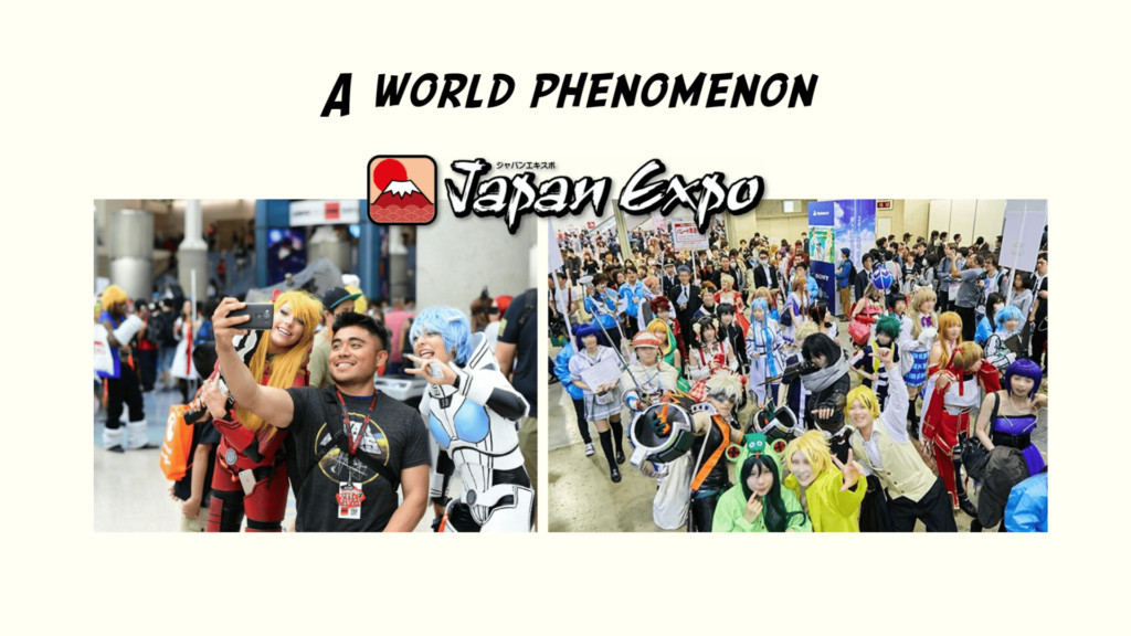A world phenomenon: Photos représentant de nombreux fans de mangas se rassemblant lors d'une convention, certains en cosplay.