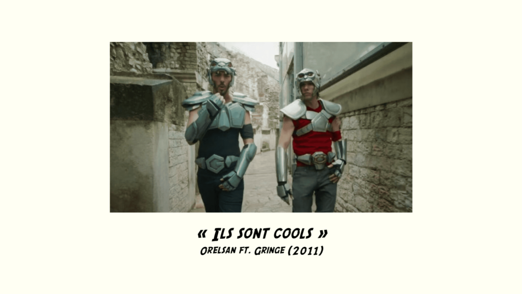 Capture d'écran tirée de "Ils sont cools", d'Orelsan et Gringe (2011). On peut y voir les deux rappeurs cosplayés en personnages du manga "Les Chevaliers du Zodiaque".