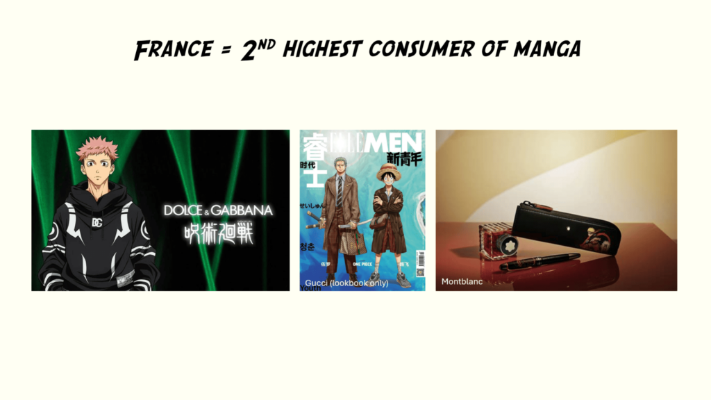 Exemples de collaborations entre marques de vêtements de luxe et mangas : - Dolce&Gabbana et Jujutsu Kaisen - Gucci et One Piece (lookbook) - Mont Blanc et Naruto